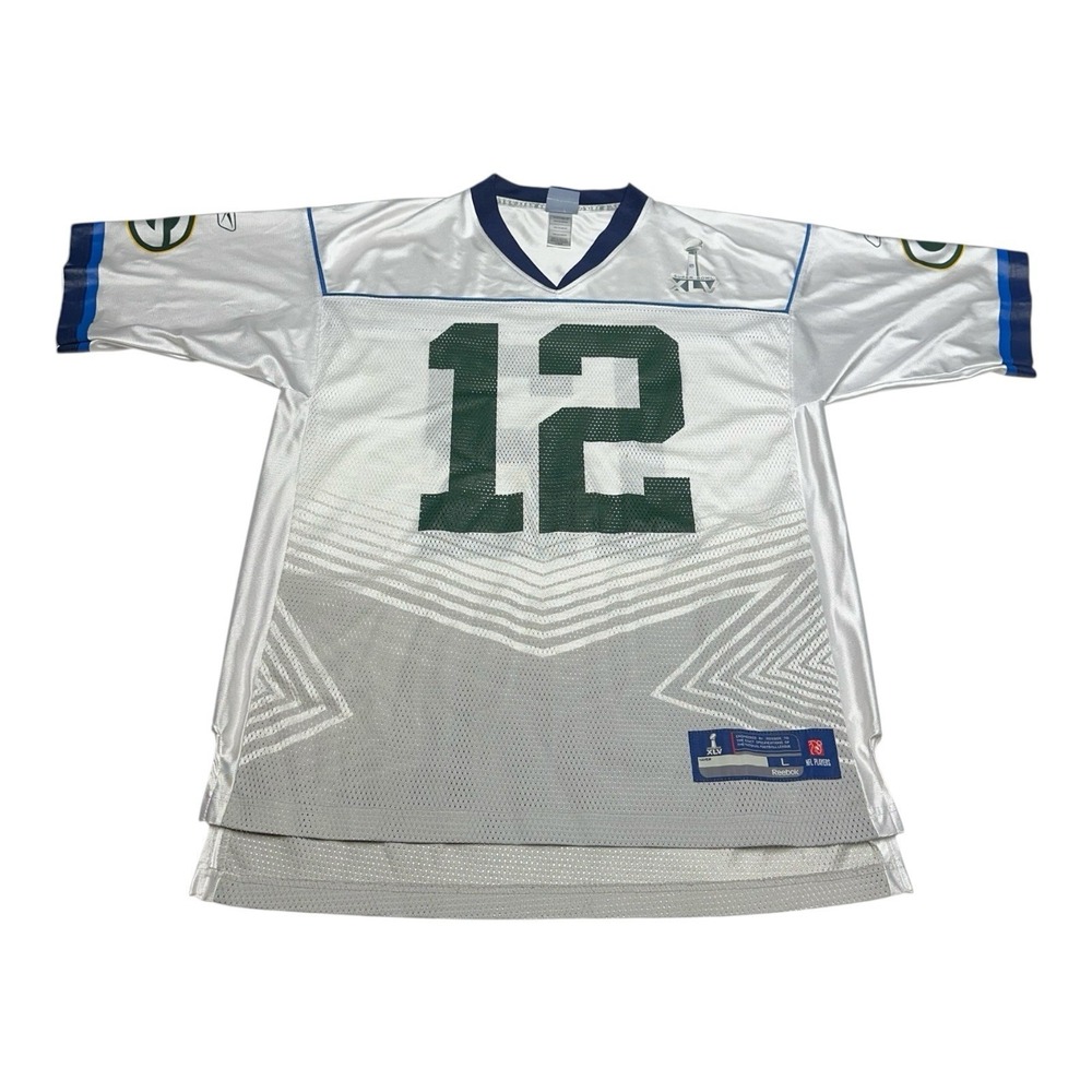 Reebok Aaron Rodgers Jersey Mens Sz L White Green Bay Packers Super Bowl XLV NFL